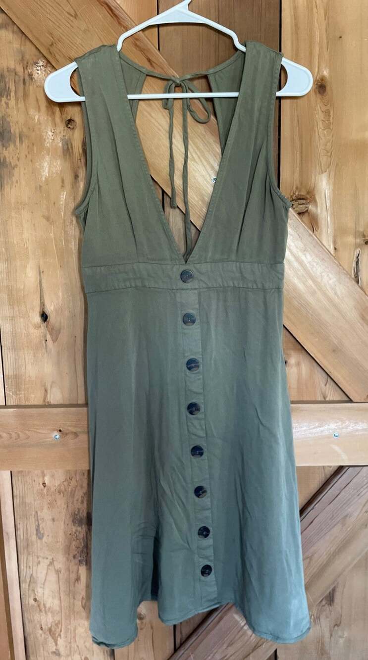Forever 21 Contemporary Olive Green Button Front Tie back Dress, Size M, Minimal